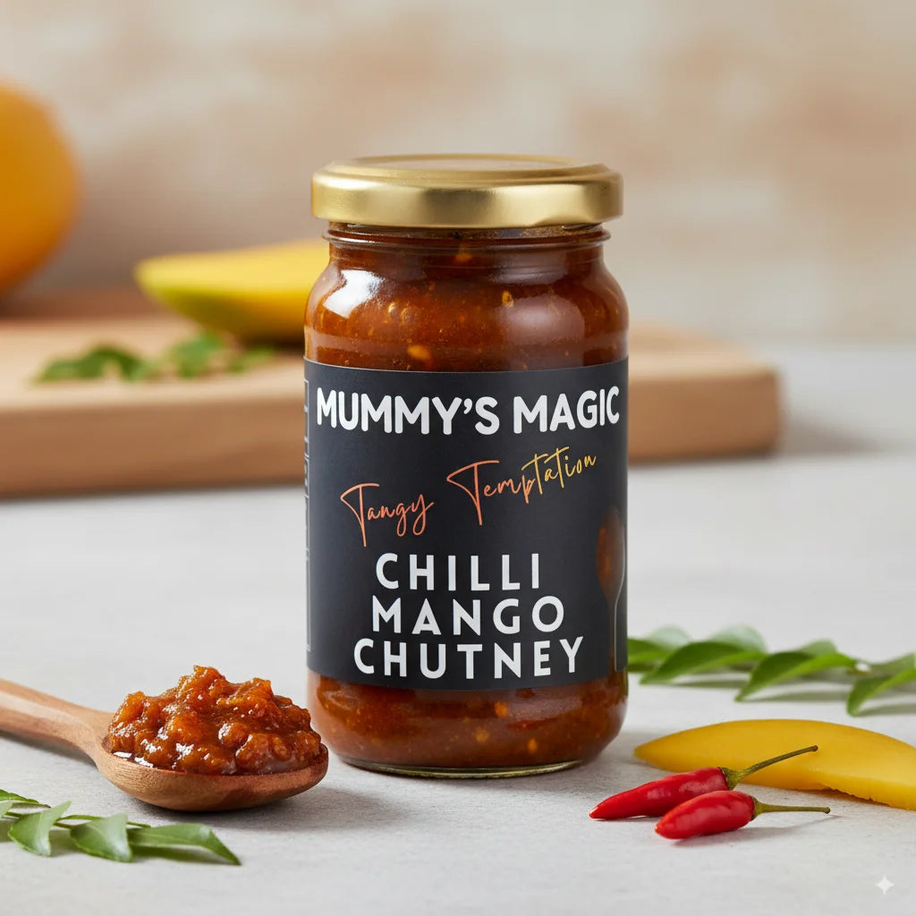 Close-up of Mummy's Magic Chilli Mango Chutney jar label – No Preservatives, No Refined Oil