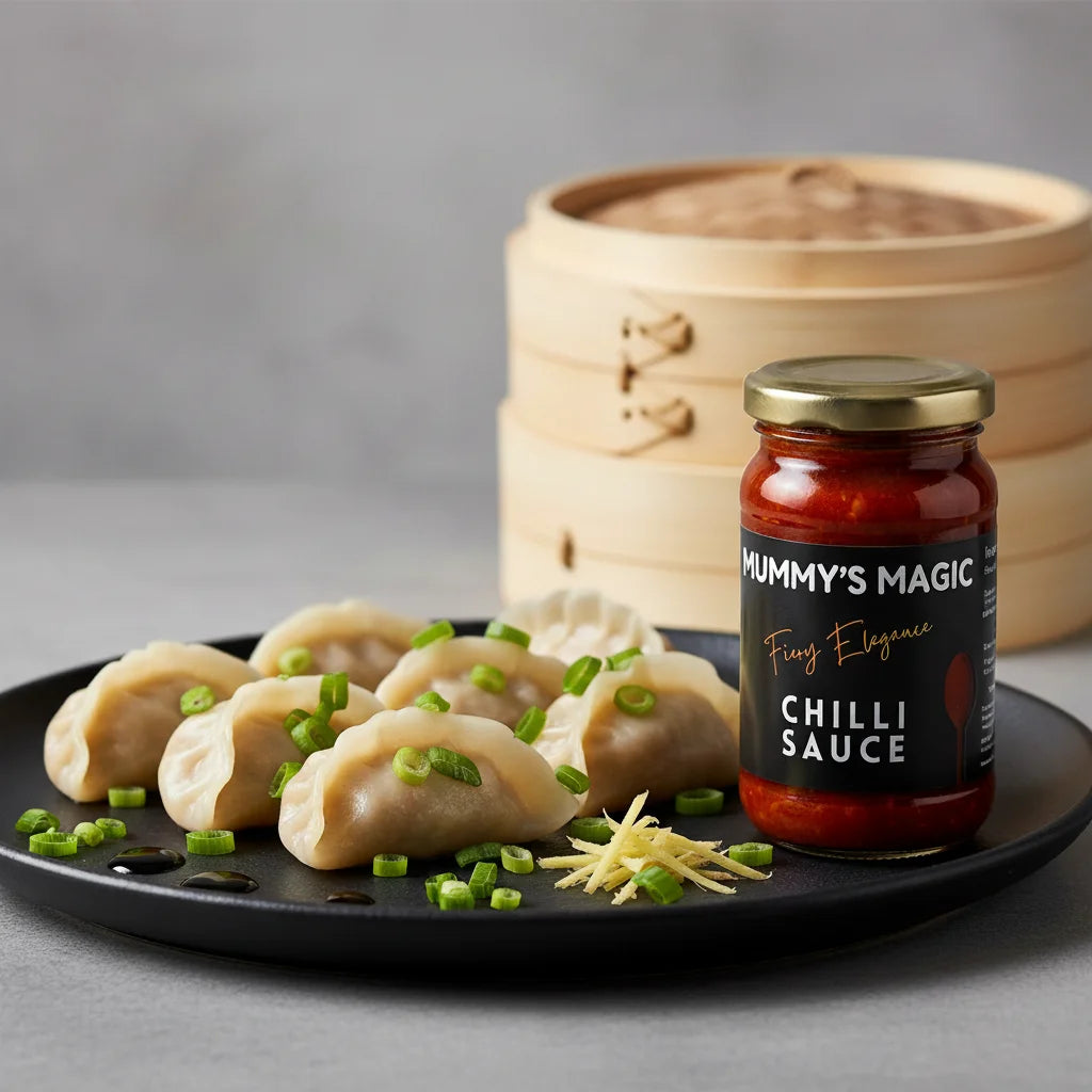 Mummy's Magic Chilli Sauce drizzled with momo dumplings – Healthy, Natural Hot Sauce India