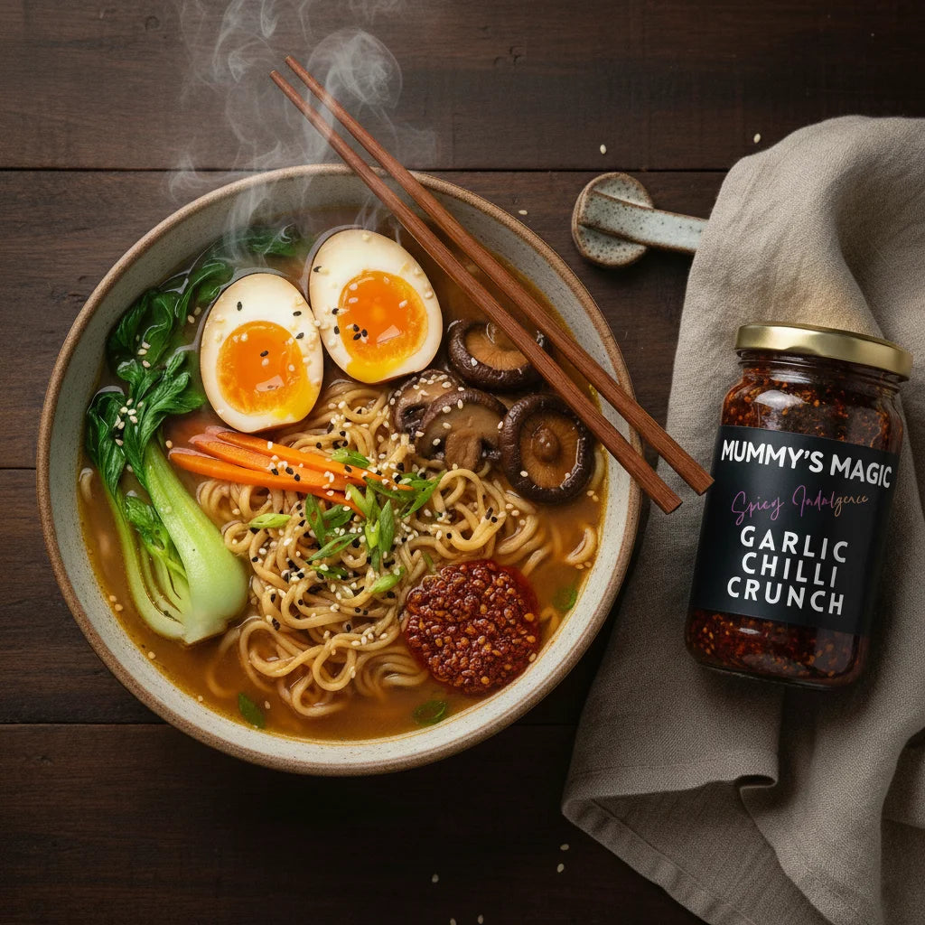 Mummy's Magic Garlic Chilli Crunch drizzled over eggs and ramen – Vegan Chilli Oil India