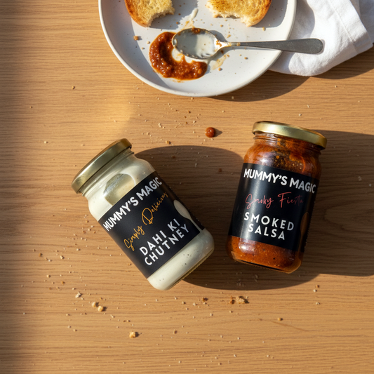 Two jars of 'Mummy's Magic' products on a wooden surface with a plate of food in the background.