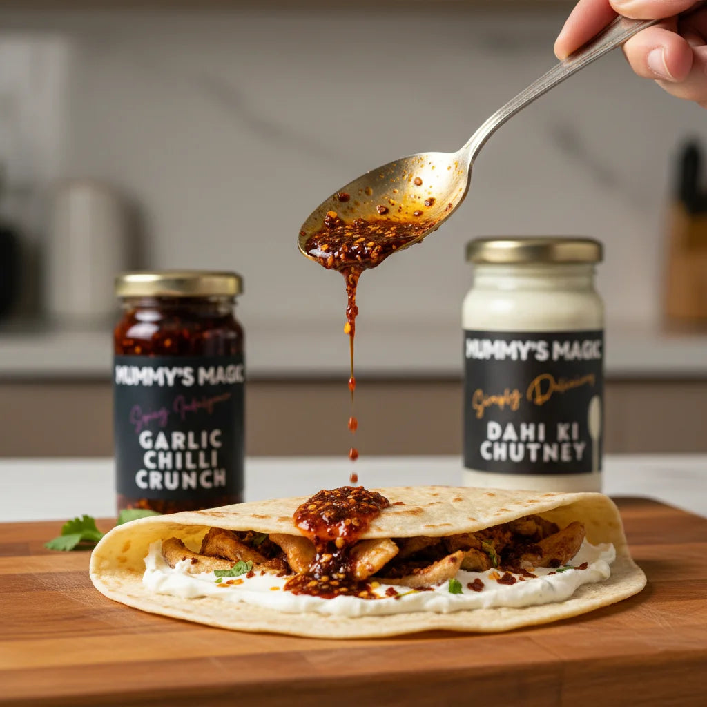 Spoon drizzling sauce over a wrap on a wooden board with 'Mummy's Magic' chutneys in the background.