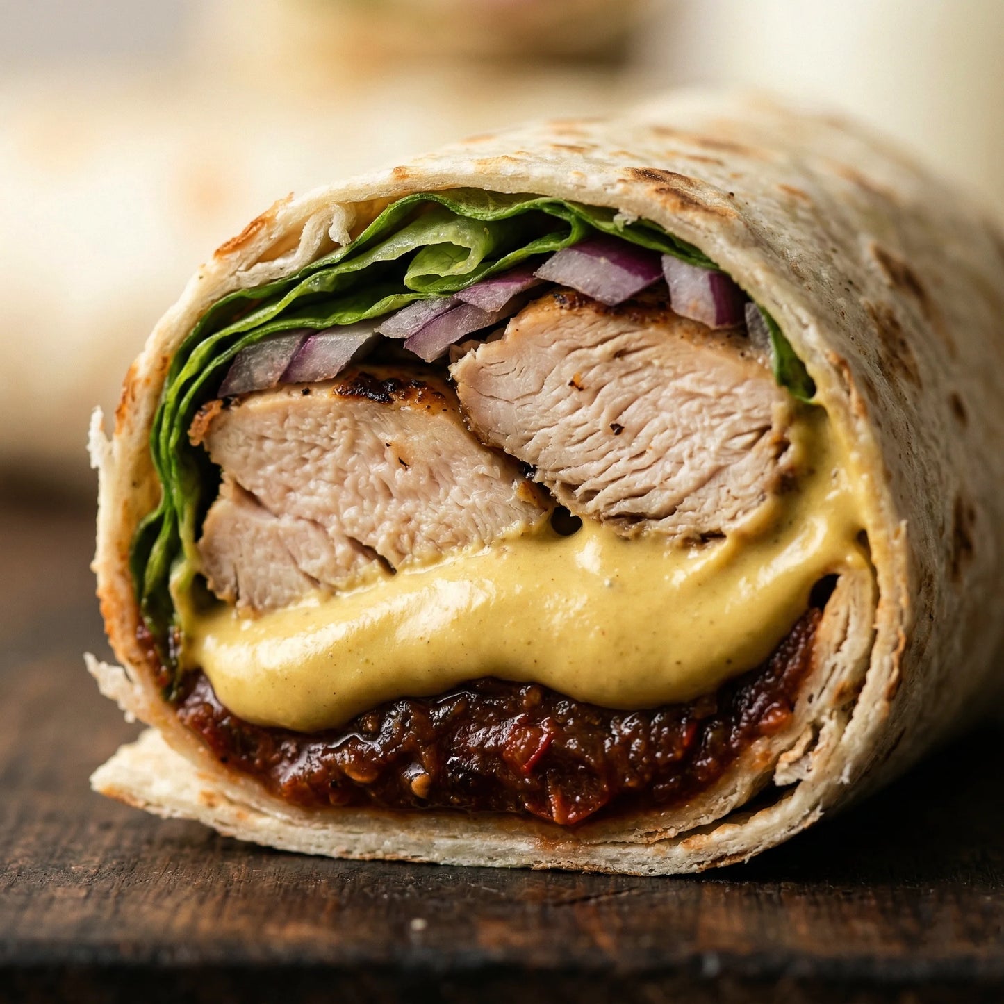 Close-up of a sliced wrap with chicken, wasabi mustard, and vegetables on a wooden surface.