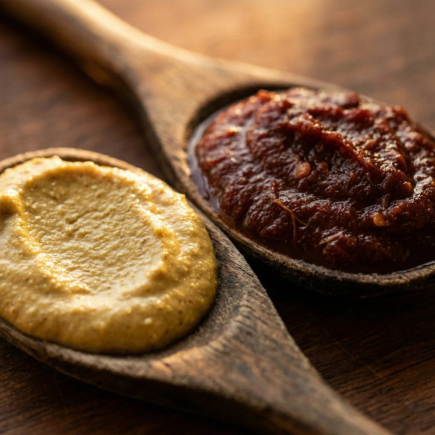Two wooden spoons with Mummy's Magic wasabi mustard and smoked salsa on a wooden surface