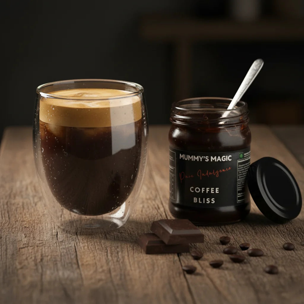 Glass of layered coffee with a jar labeled 'Mummy's Magic Coffee Bliss' on a wooden surface.