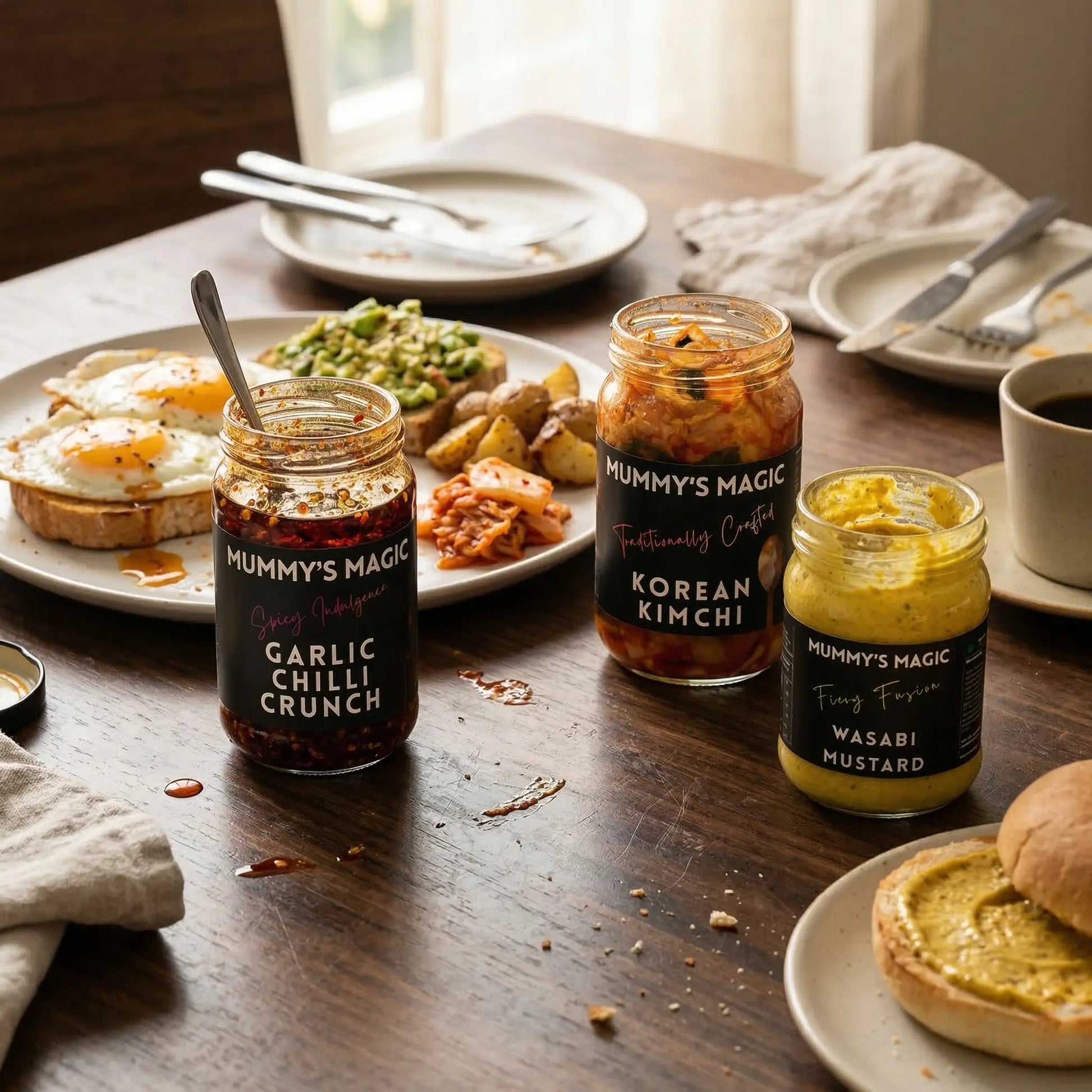 Three jars of 'Mummy's Magic' spreads on a table with food items.