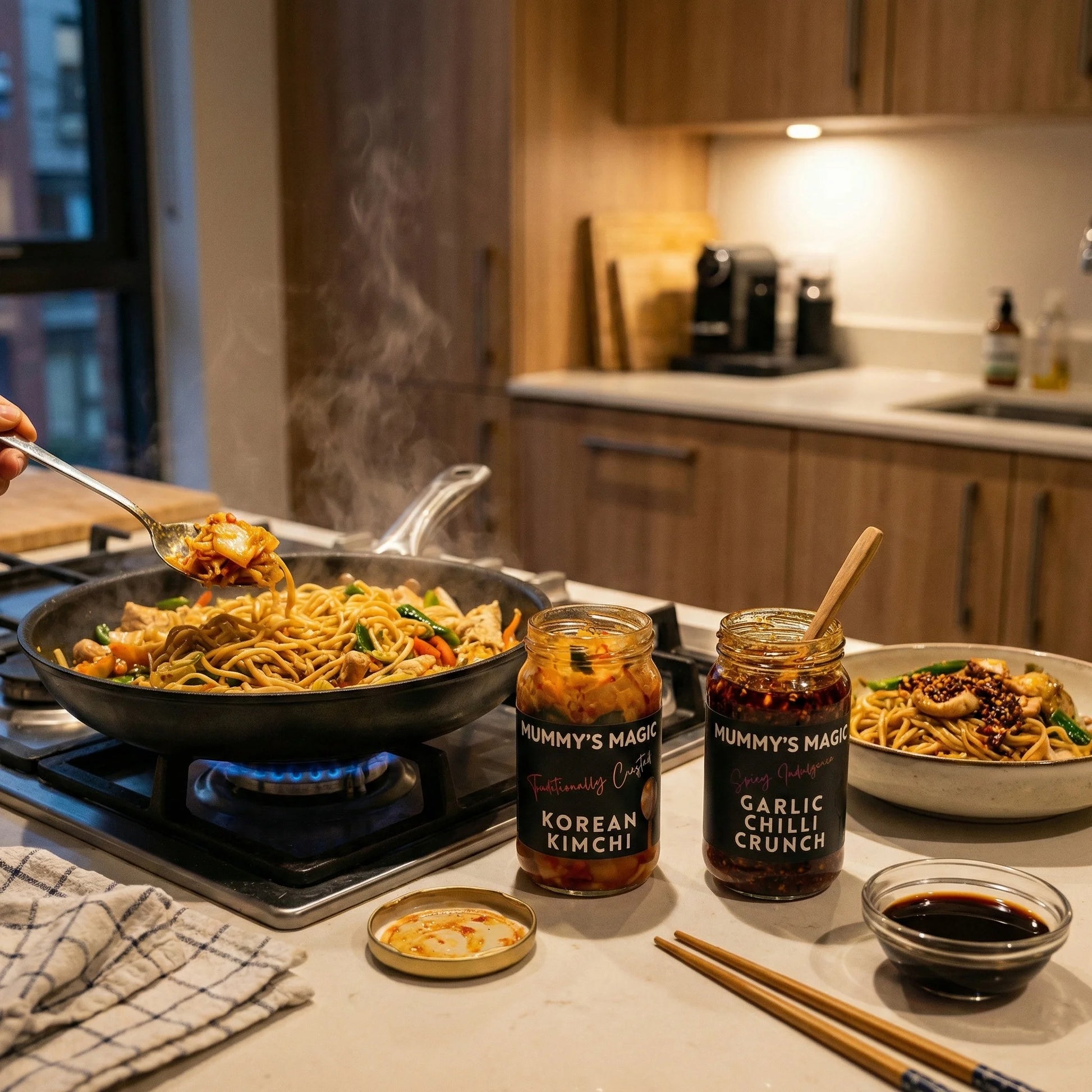 Person cooking noodles in a pan with 'Mummy's Magic' kimchi and garlic chili crunch on a kitchen counter.
