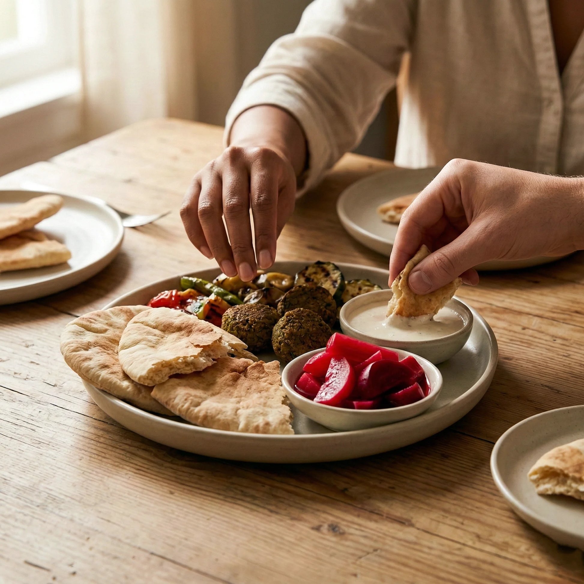 Person dipping a pita into a bowl of hummus on a wooden table with various dishes.
