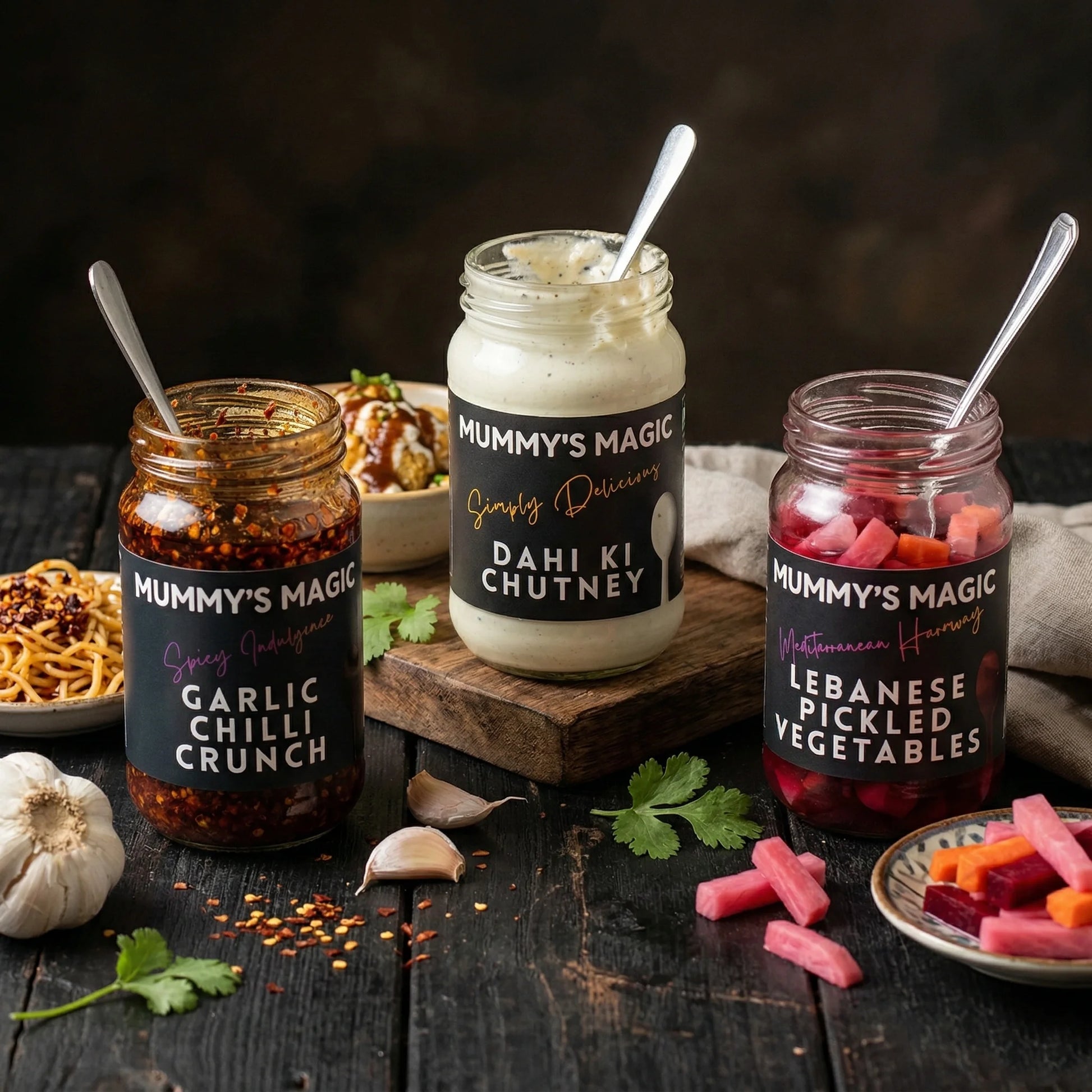 Mummy's Magic Mummy's Favourite Box showing Garlic Chilli Crunch, Dahi Ki Chutney and Lebanese Pickled Vegetables with their ingredients