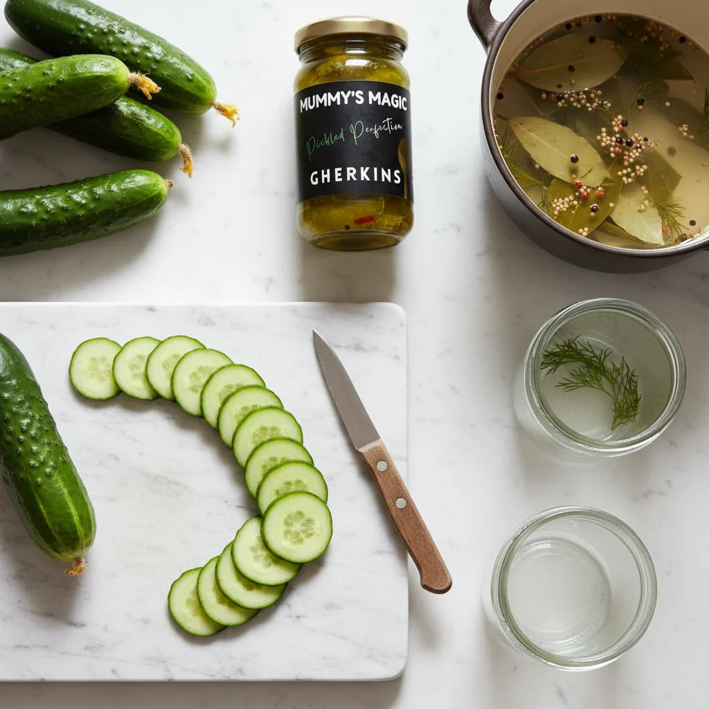 Mummy's Magic Sweet & Sour Pickled Gherkins – Crunchy Sliced Baby Cucumbers in Brine, 200g