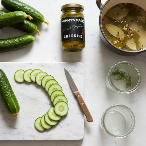 Mummy's Magic Sweet & Sour Pickled Gherkins – Crunchy Sliced Baby Cucumbers in Brine, 200g