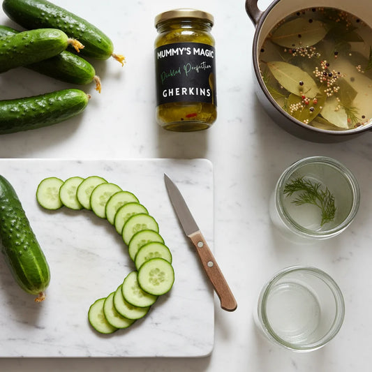 Mummy's Magic Sweet & Sour Pickled Gherkins – Crunchy Sliced Baby Cucumbers in Brine, 200g