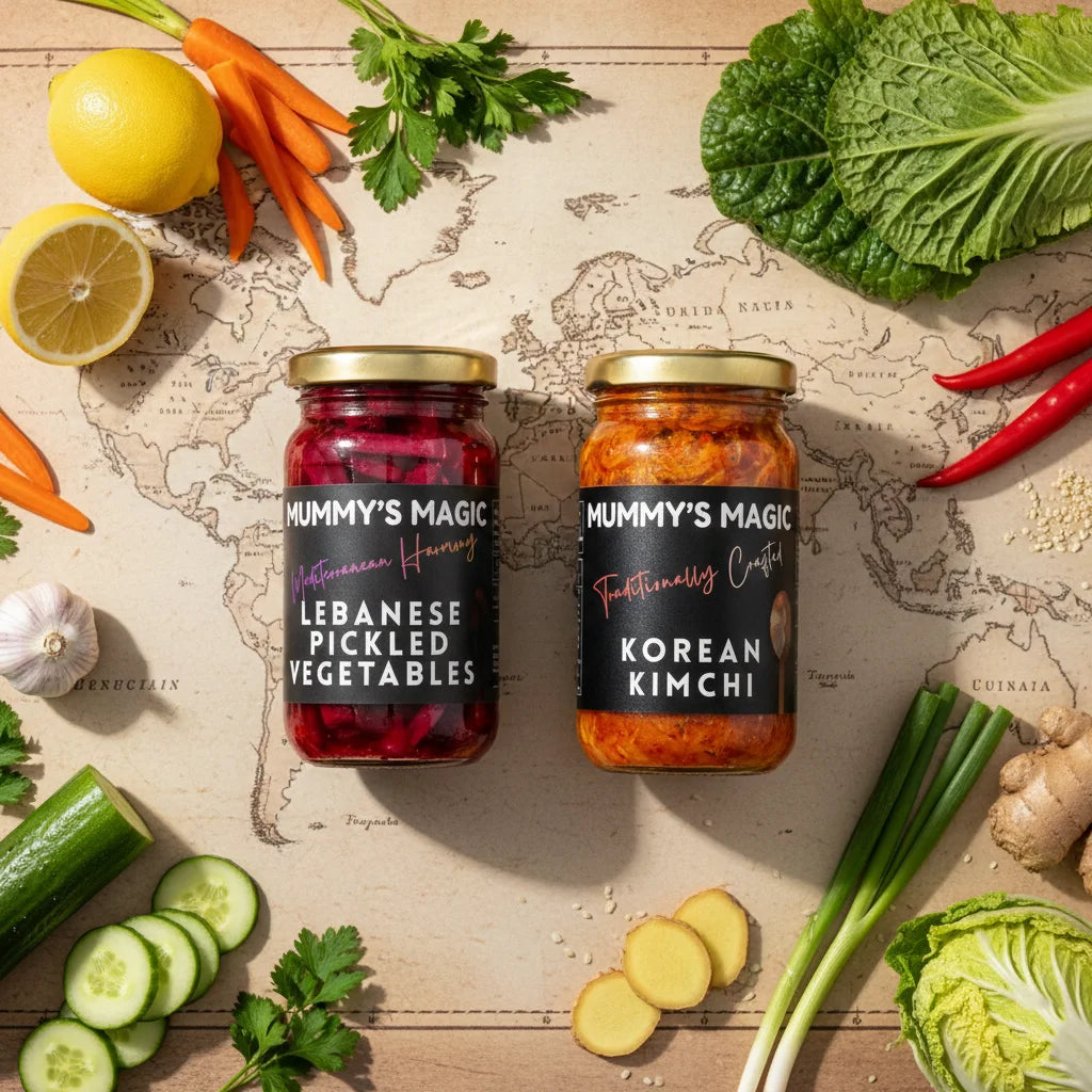 Two jars of 'Mummy's Magic' pickles on a world map with vegetables around