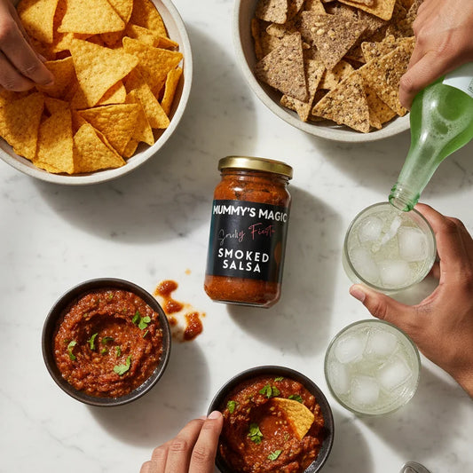 Mummy's Magic Smoked Salsa flatlay – Fire-Roasted Tomato Salsa with Indian Spices, 200g, Preservative-Free