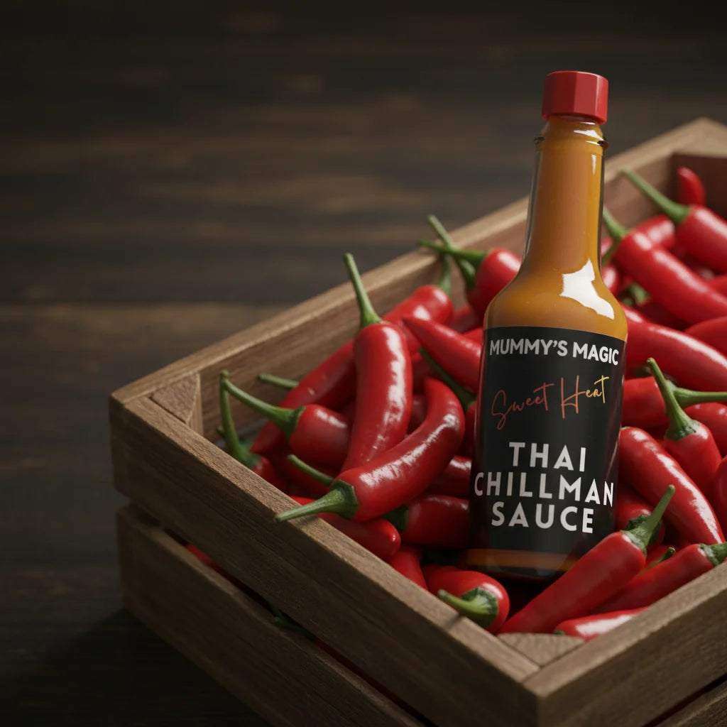 Bottle of 'Mummy's Magic' Thai Chillman Sauce surrounded by red chili peppers in a wooden crate.