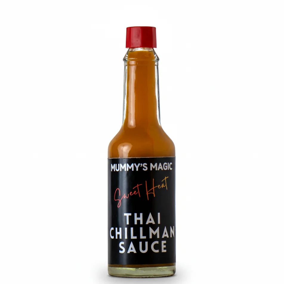 Bottle of Mummy's Magic Thai Chillman Sauce on a white background