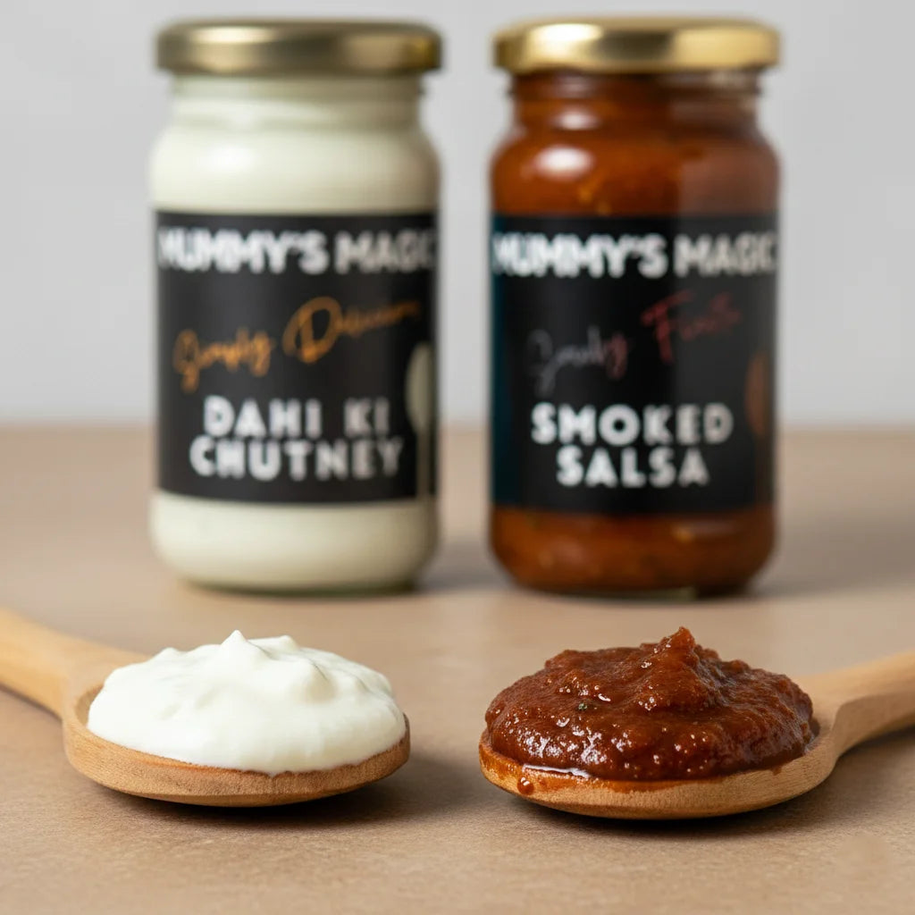 Two jars of 'Mummy's Magic' chutney and salsa with spoons filled with samples on a neutral background.